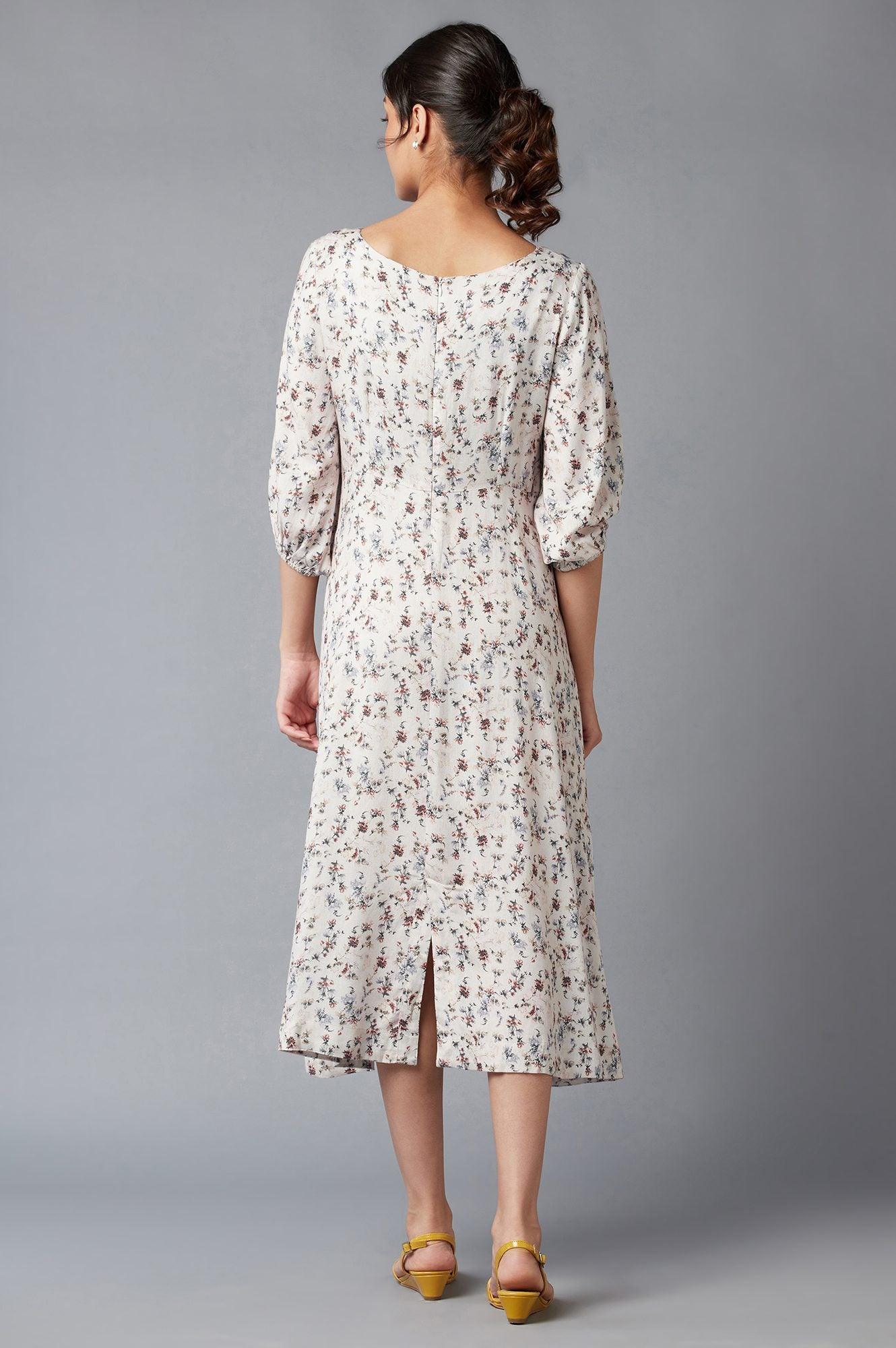Light Pink Floral Print Dress In Round Neck - wforwoman