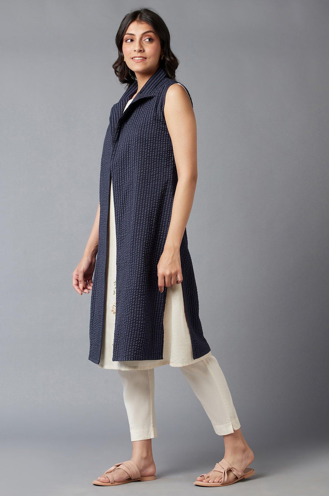 Indigo Stripe Seer Sucker Lapel Collar Jacket - wforwoman