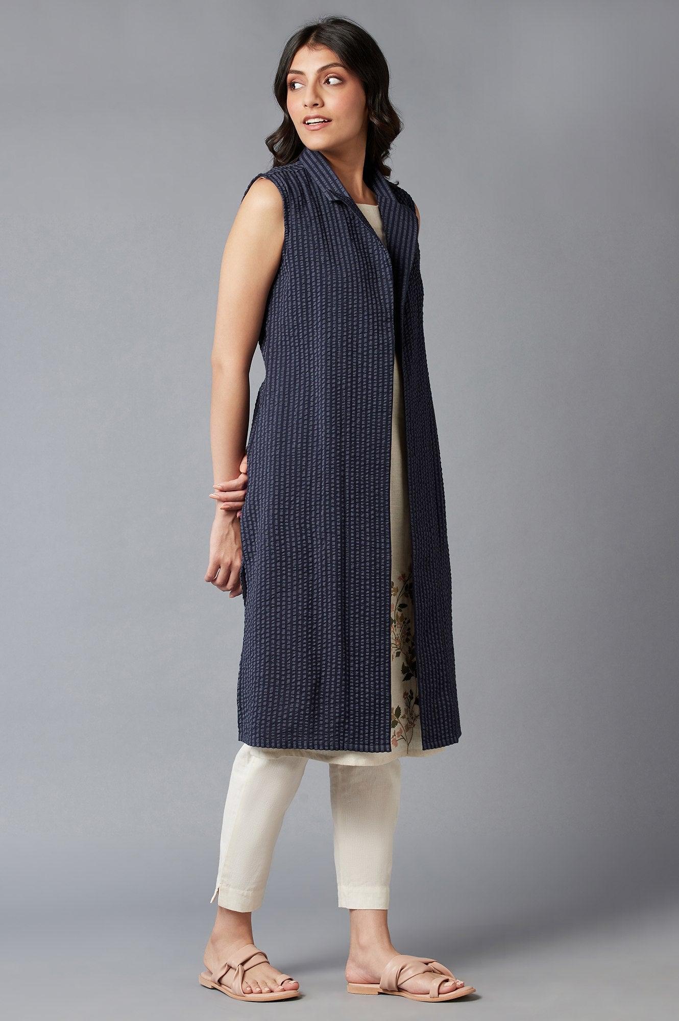 Indigo Stripe Seer Sucker Lapel Collar Jacket - wforwoman