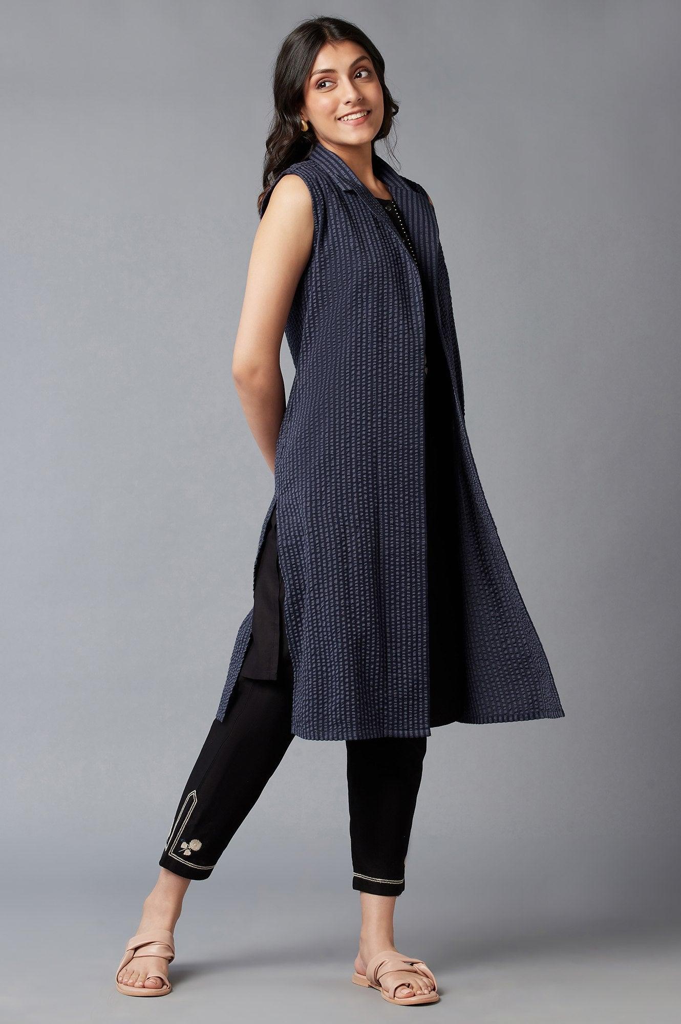 Indigo Stripe Seer Sucker Lapel Collar Jacket - wforwoman