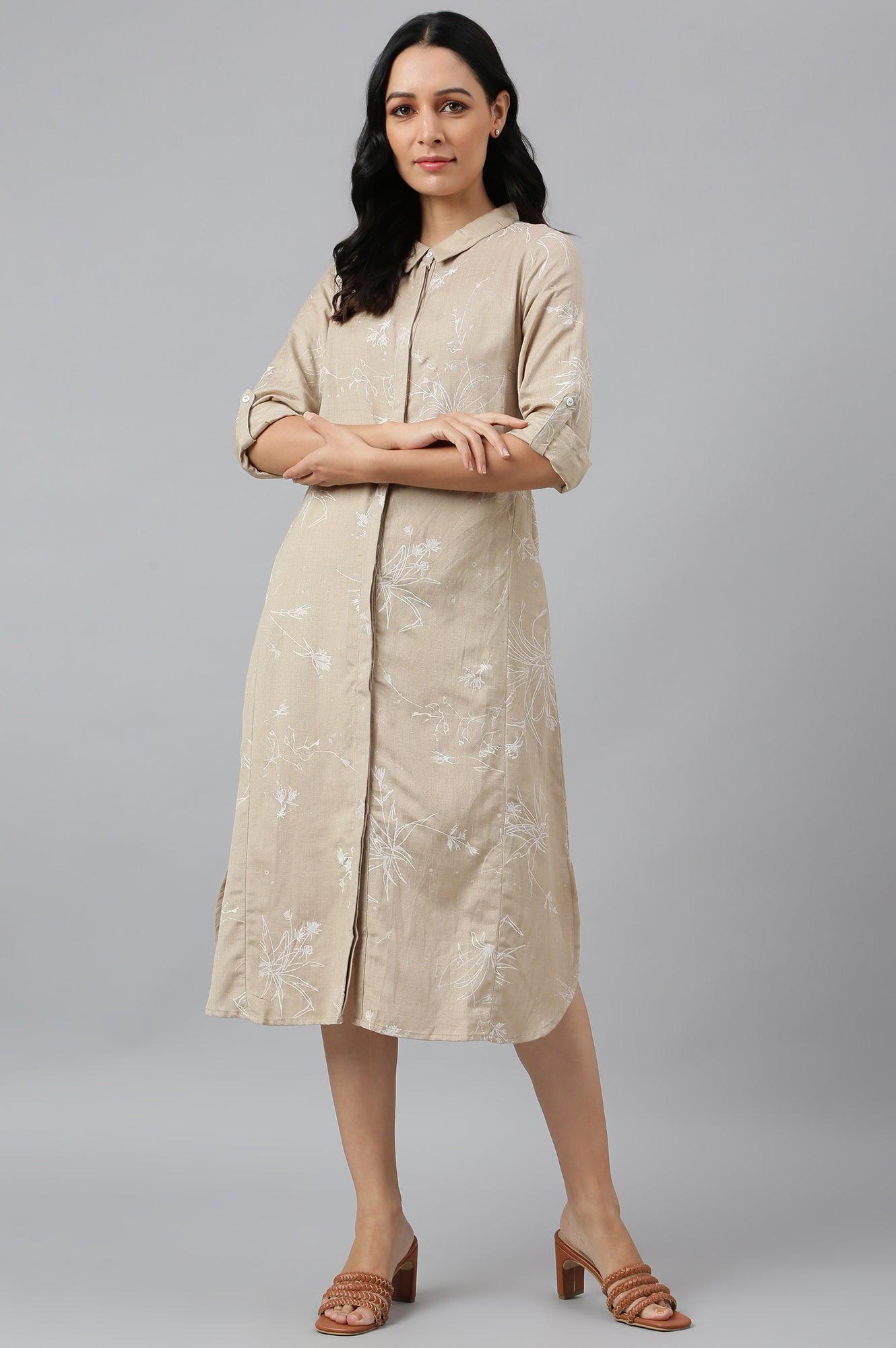 Beige Floral Print Shirt Dress - wforwoman