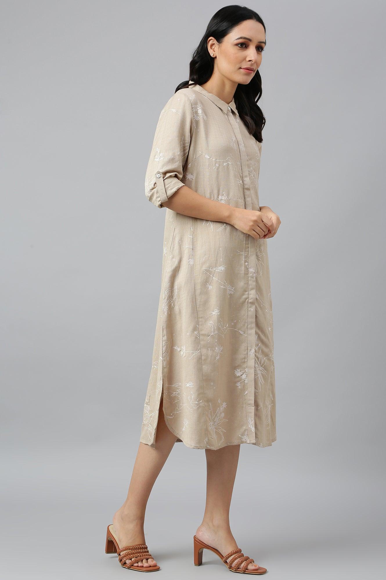 Beige Floral Print Shirt Dress - wforwoman