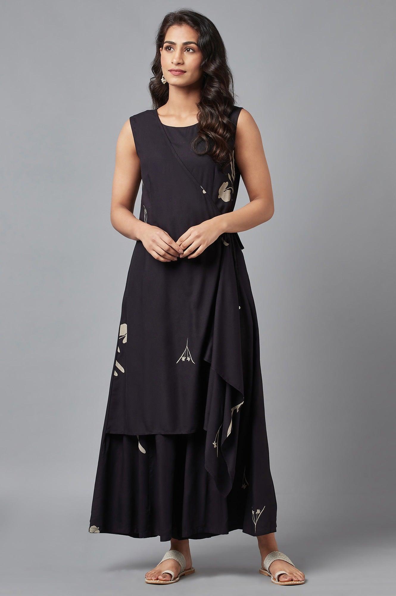 Black Sleeveless Angrakha Jumpsuit in Round Neck - wforwoman