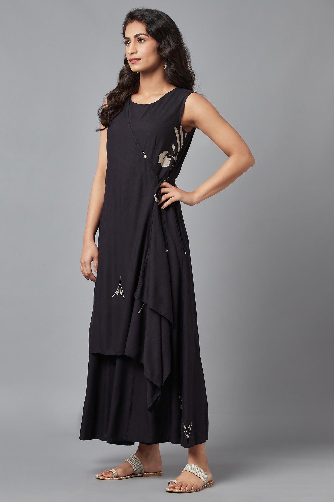 Black Sleeveless Angrakha Jumpsuit in Round Neck - wforwoman