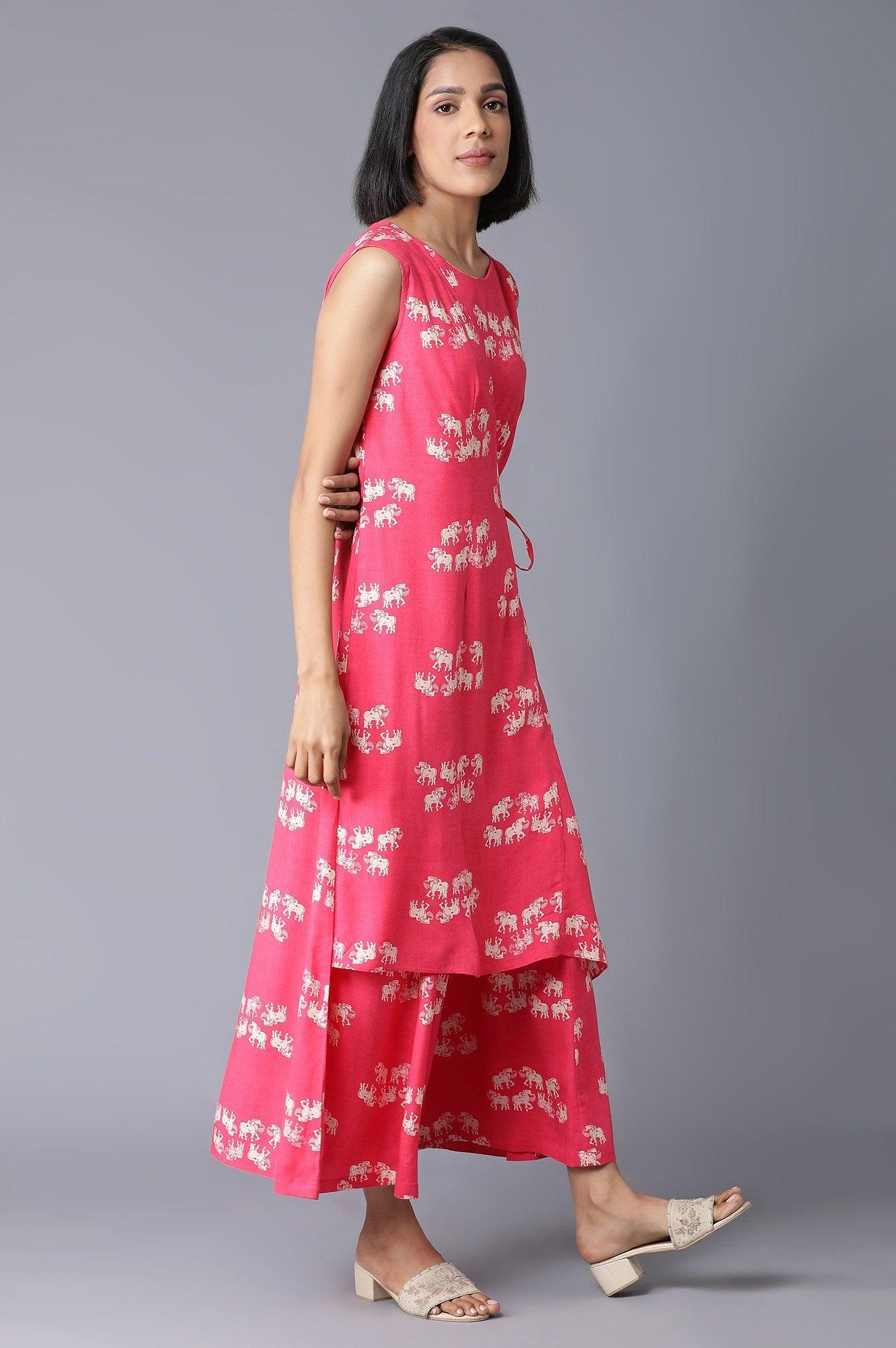 Hot Pink Sleeveless Angrakha Jumpsuit In Round Neck - wforwoman