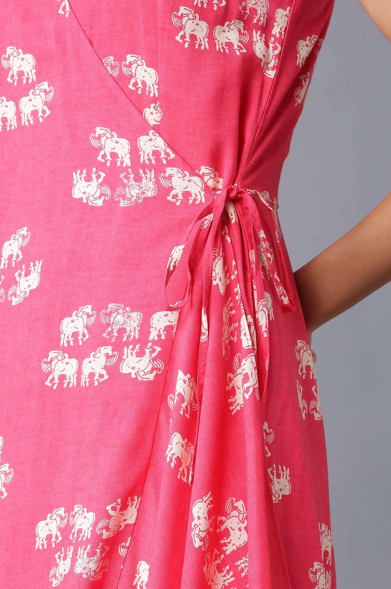 Hot Pink Sleeveless Angrakha Jumpsuit In Round Neck - wforwoman