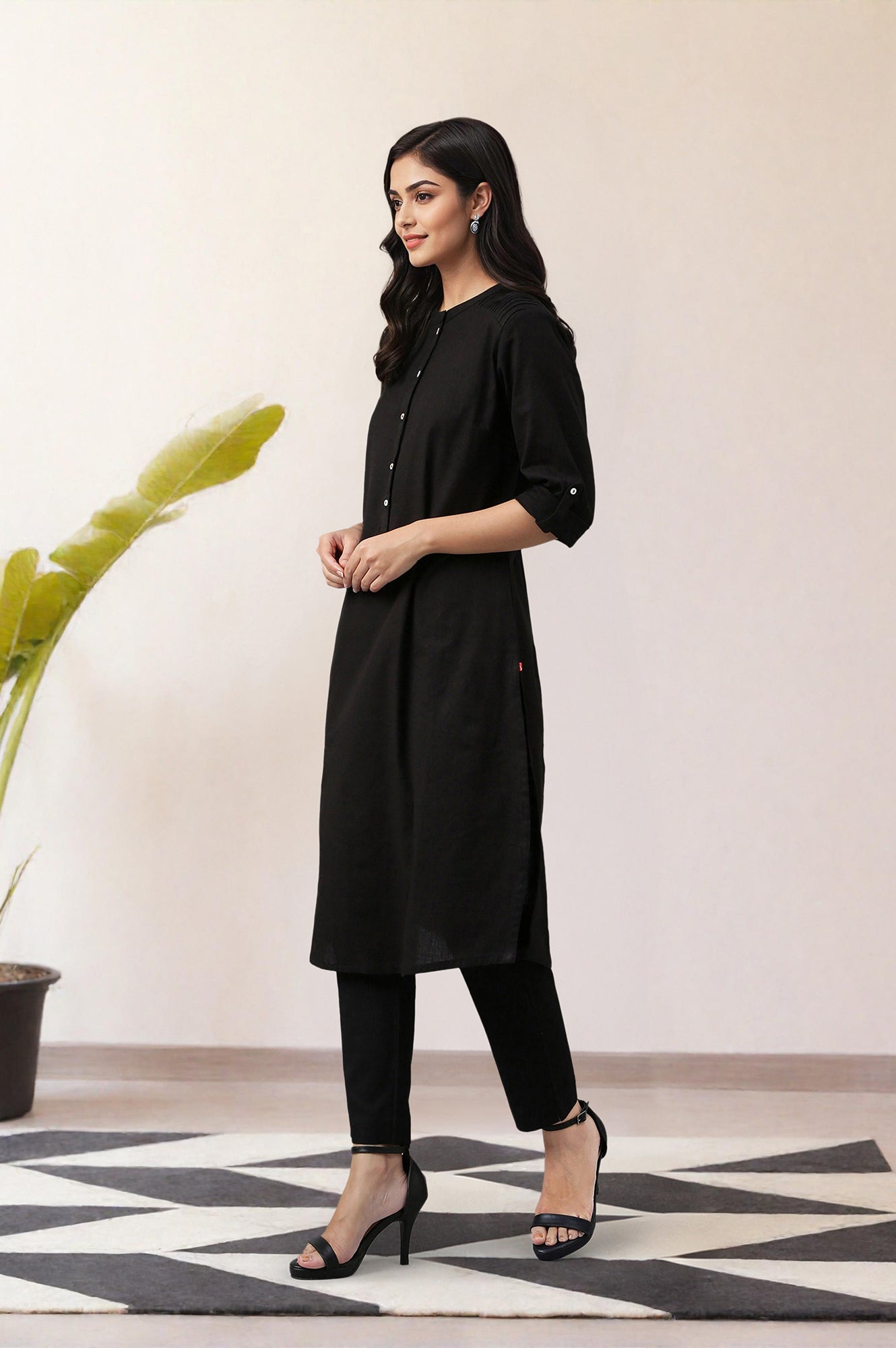 Jet Black Half Placket Shirt kurta