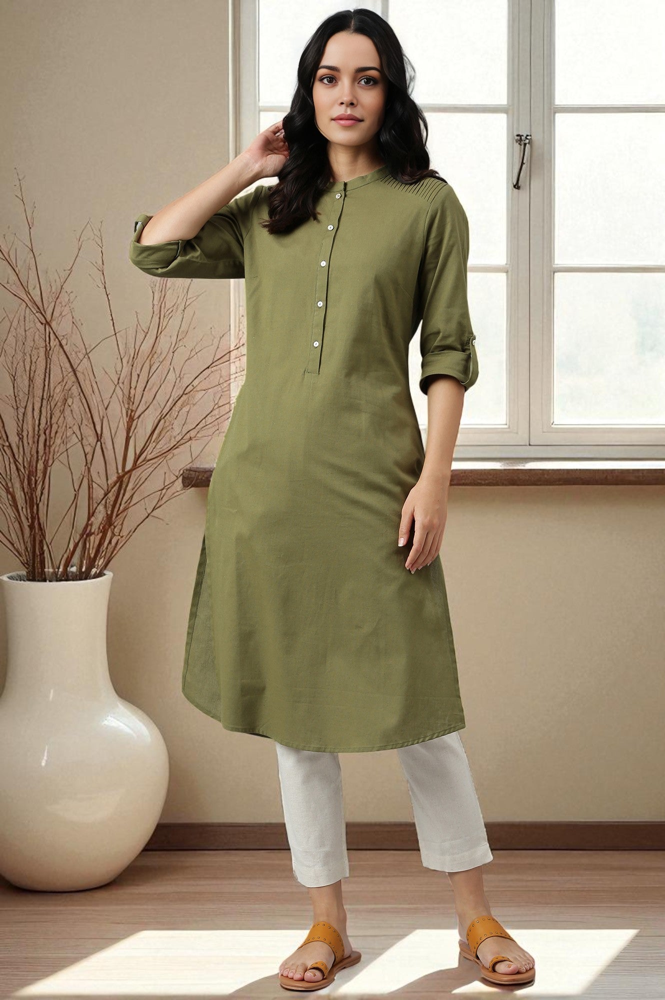 Green Half Placket Shirt kurta