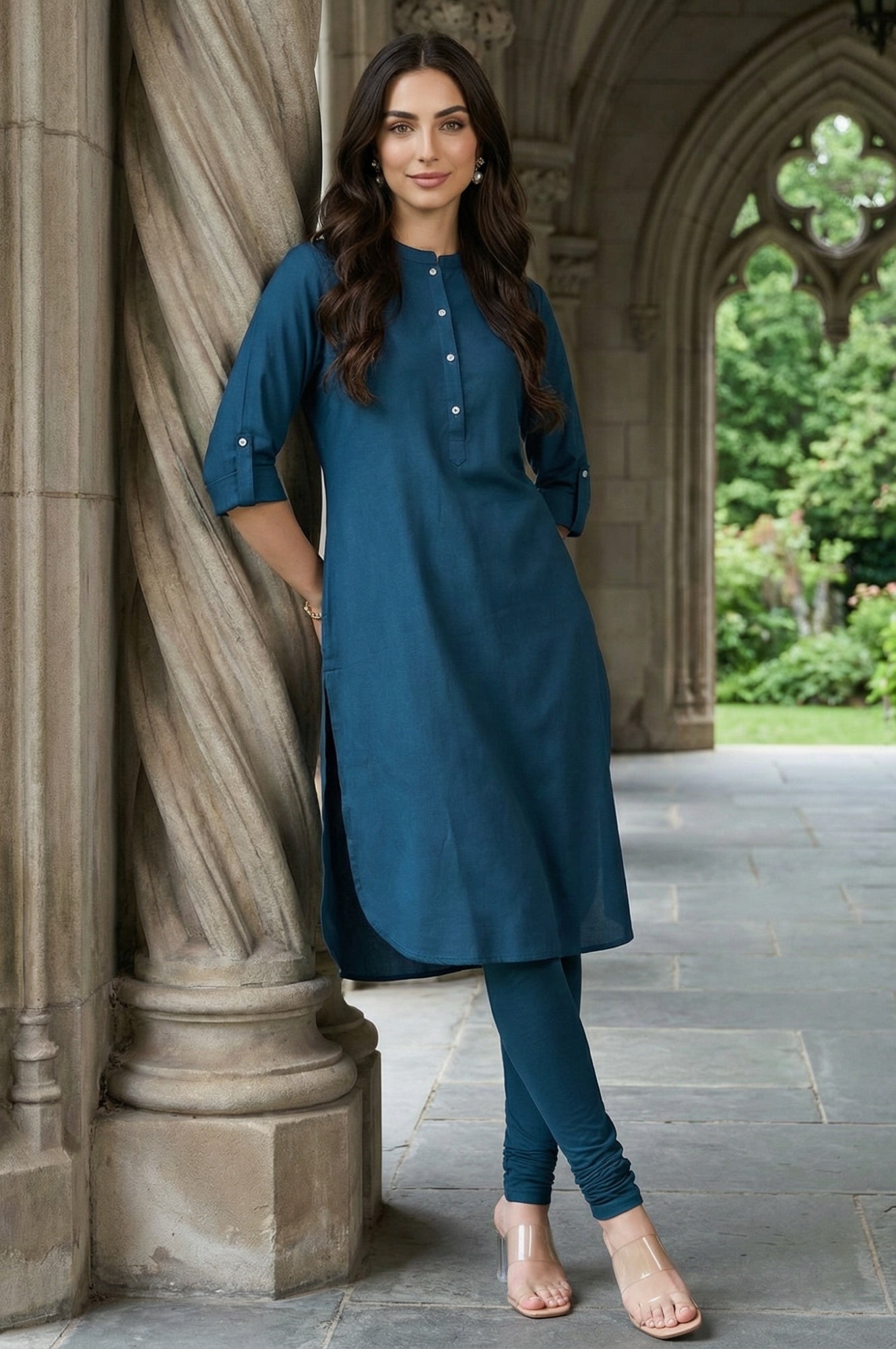 Blue Solid Cotton Shirt Kurta in Mandarin Collar