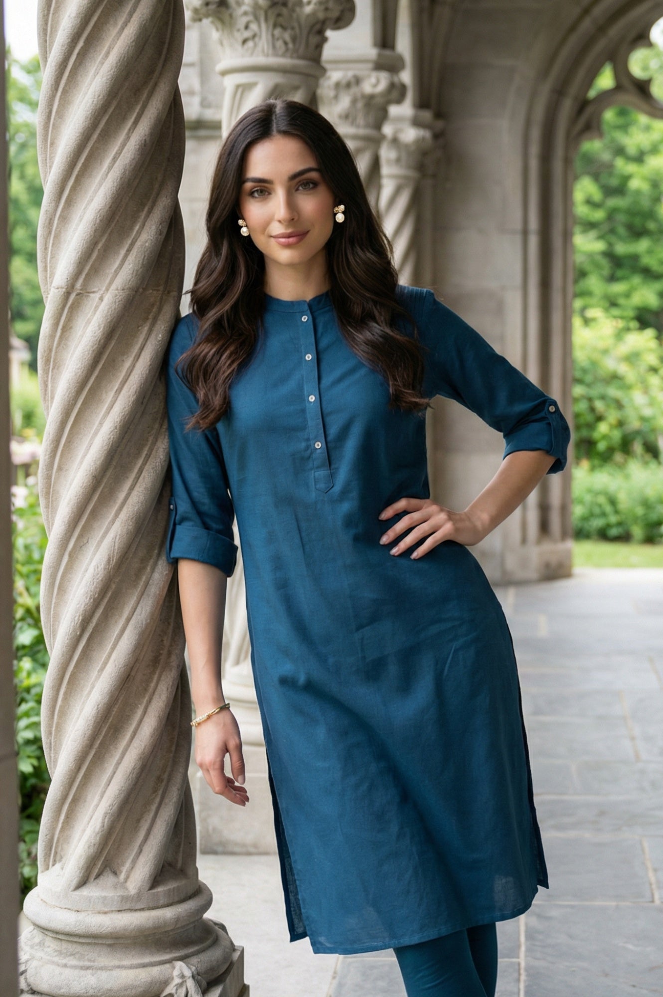 Blue Solid Cotton Shirt Kurta in Mandarin Collar