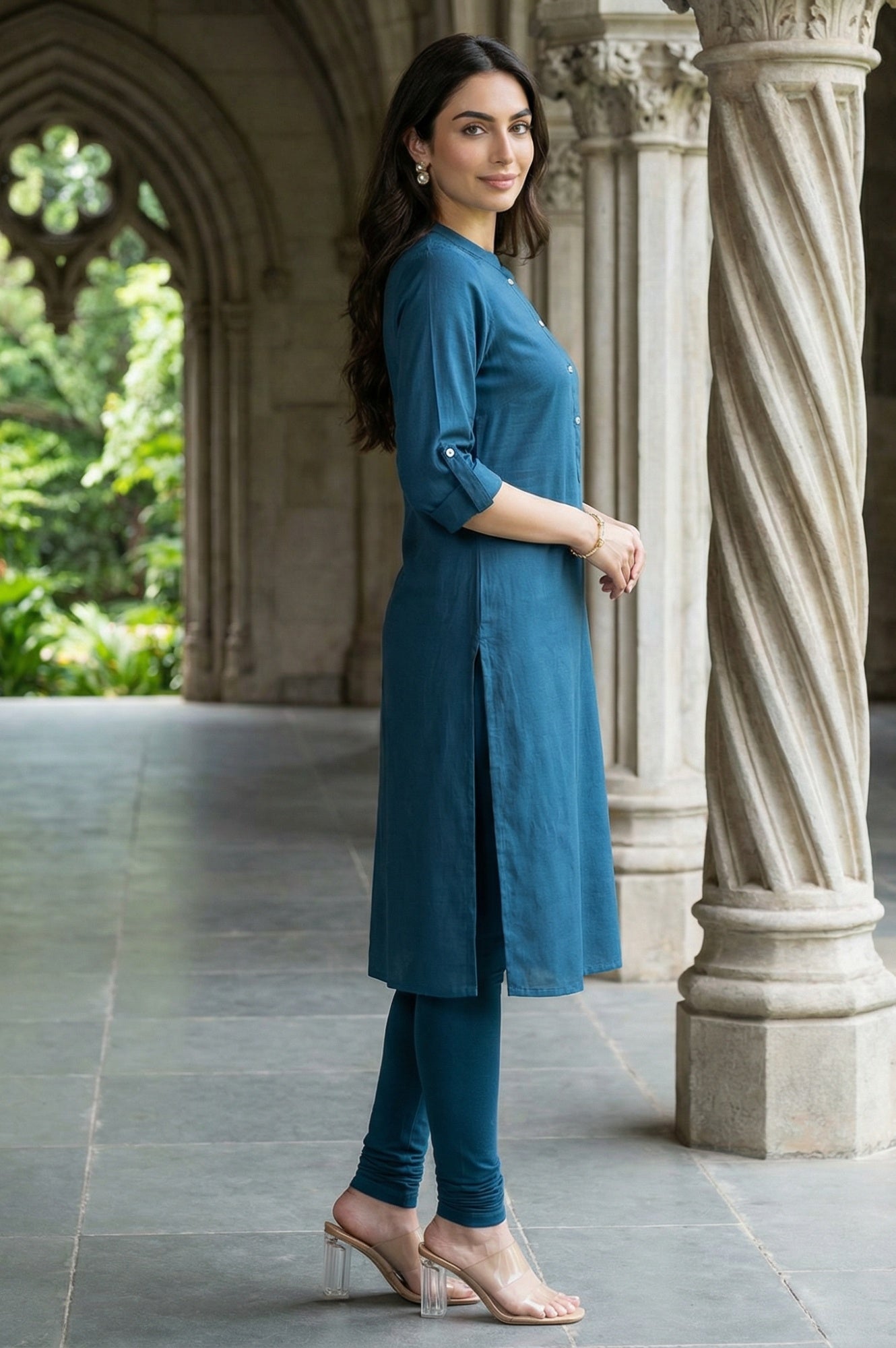 Blue Solid Cotton Shirt Kurta in Mandarin Collar