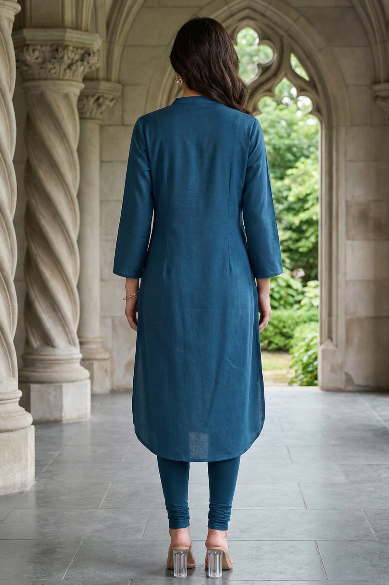 Blue Solid Cotton Shirt Kurta in Mandarin Collar