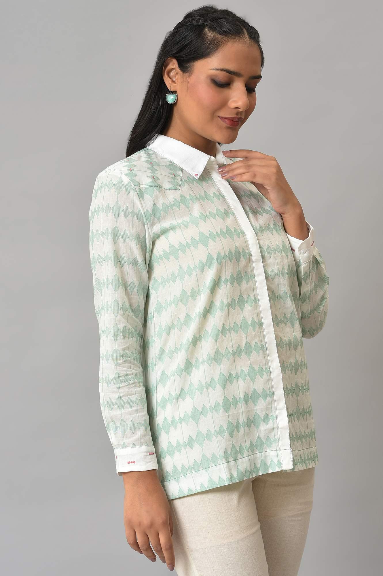White And Green Dobby Textured Shirt - wforwoman