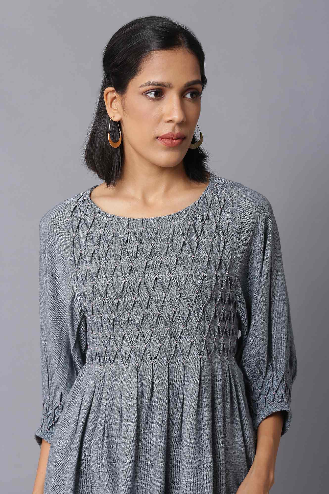 Dark Blue Gathered Top With Smocked Detail - wforwoman