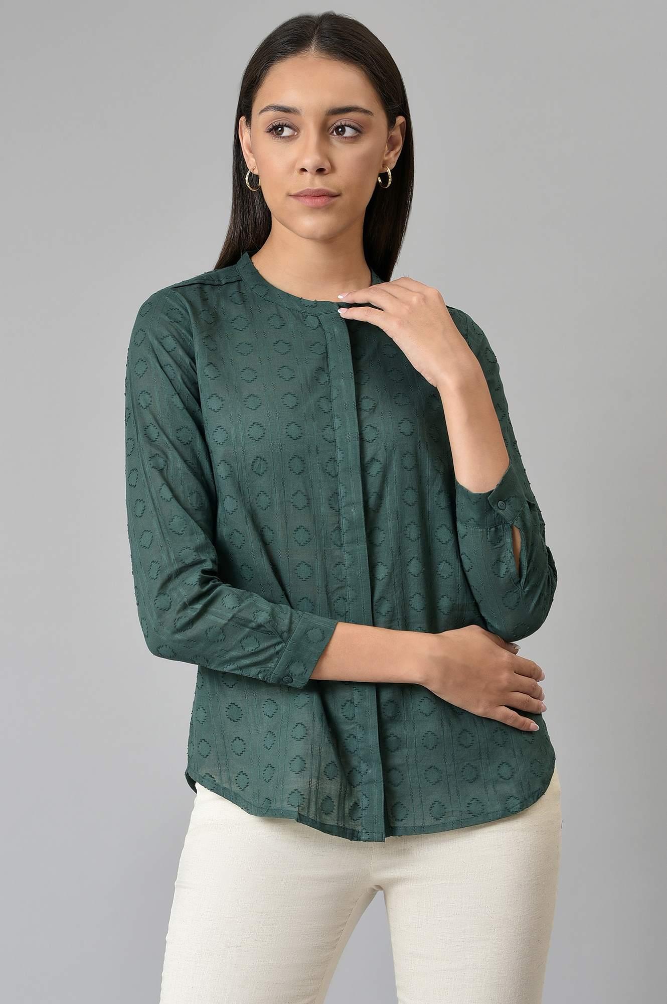 Dark Green Cotton Dobby Textured Shirt In Mandarin Collar - wforwoman