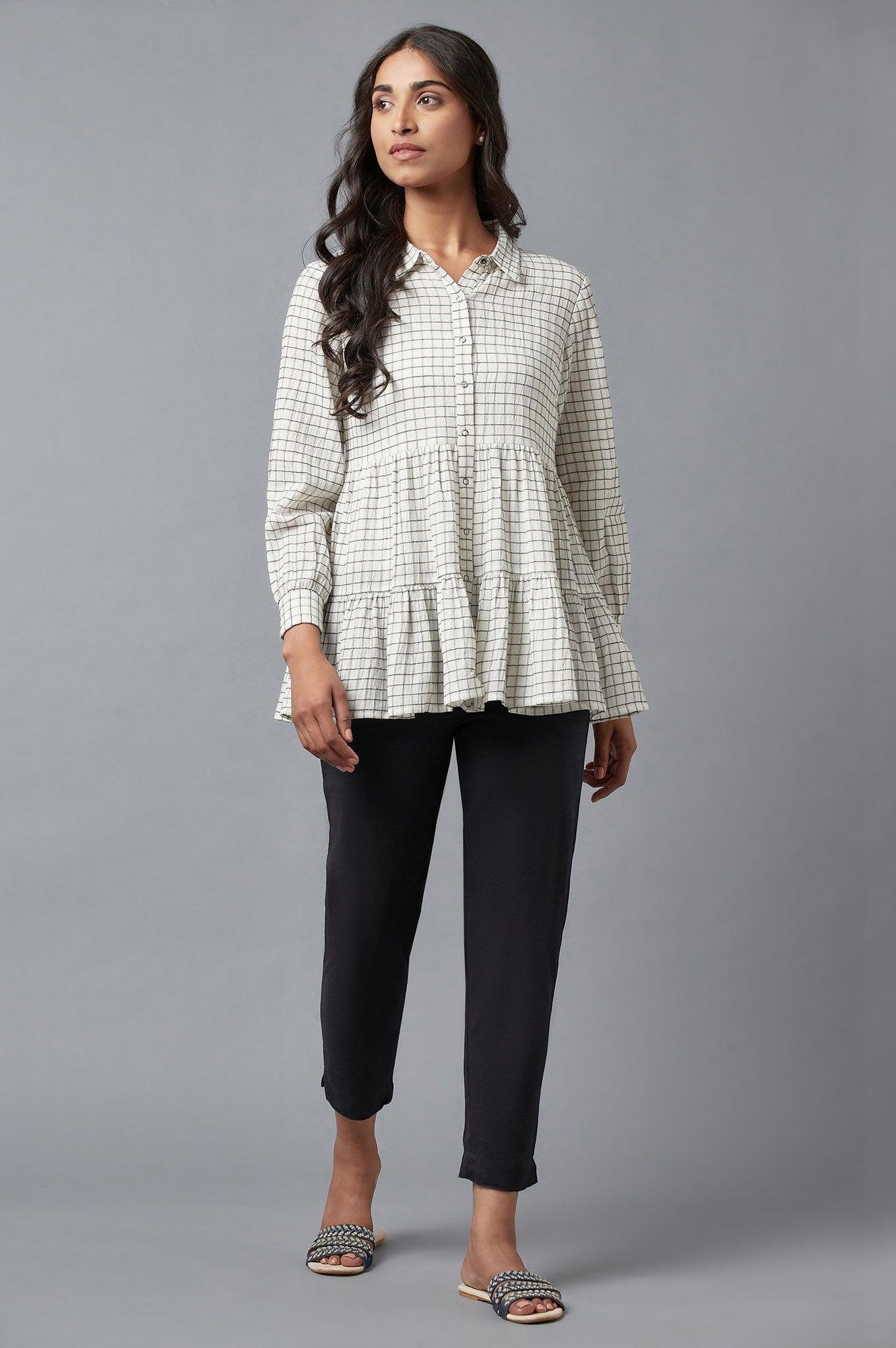 Ecru Yarn Dyed Tiered Shirt - wforwoman