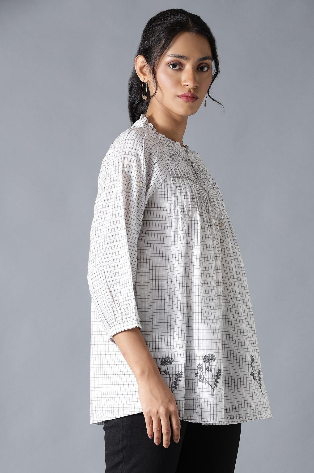 Ecru Cotton Dobby Top With Neck Tie And Embroidery - wforwoman