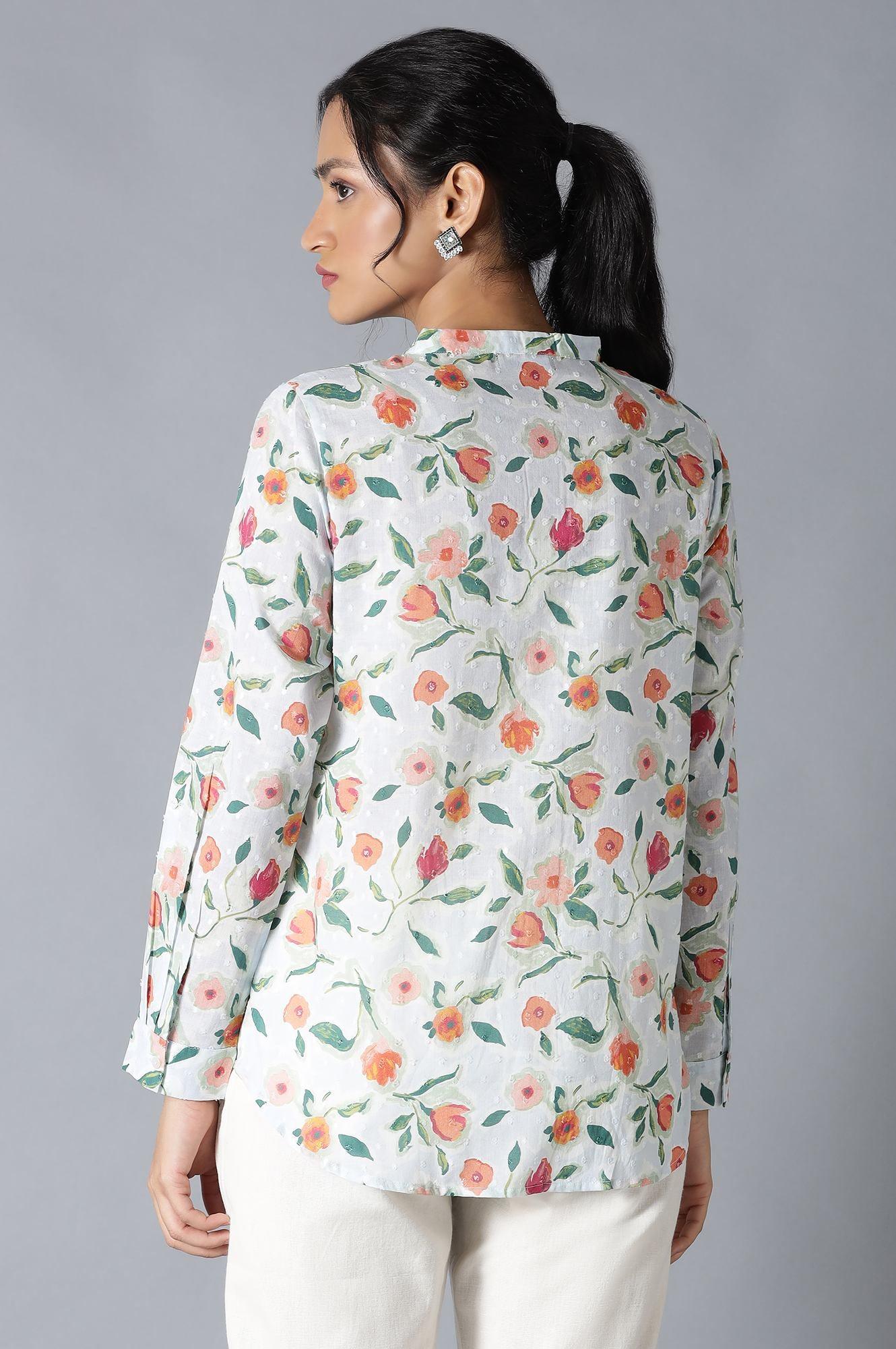 Light Blue Textured Cotton Top In Mandarin Collar - wforwoman