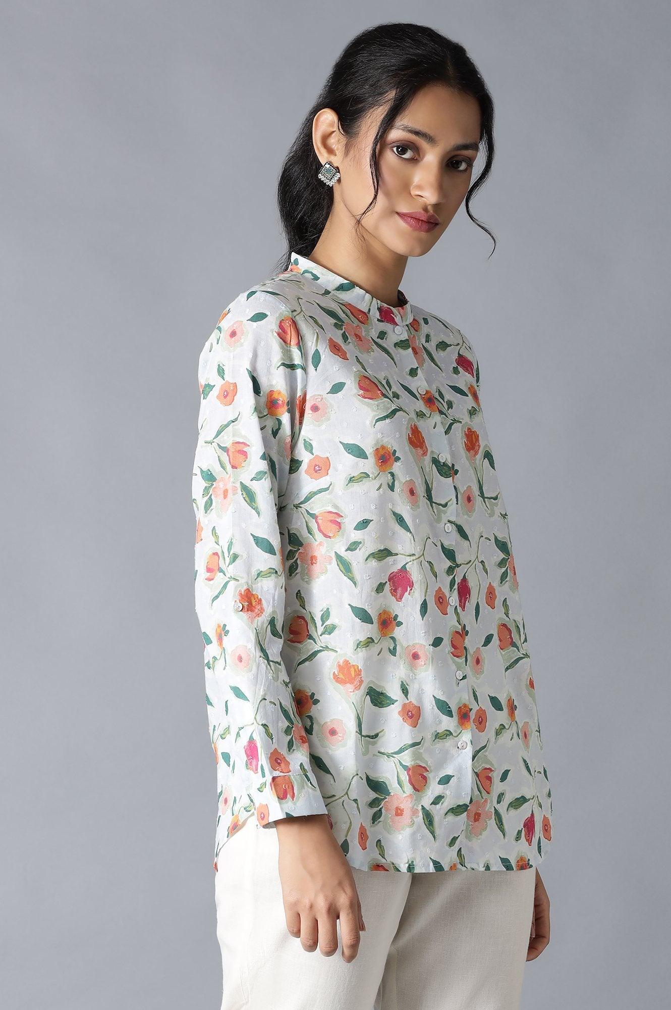 Light Blue Textured Cotton Top In Mandarin Collar - wforwoman