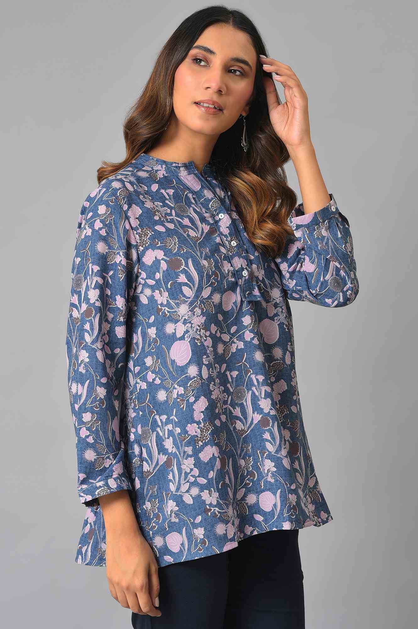 Blue Floral Print Cotton Top In Mandarin Collar