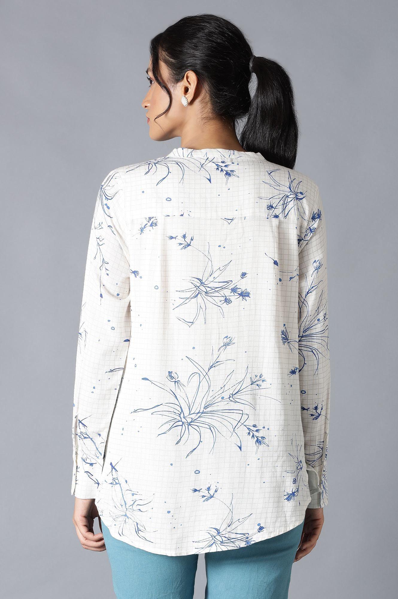 Ecru And Blue Floral Print Shirt - wforwoman