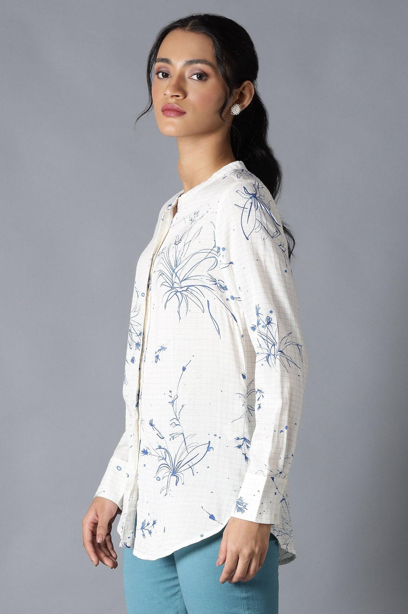Ecru And Blue Floral Print Shirt - wforwoman
