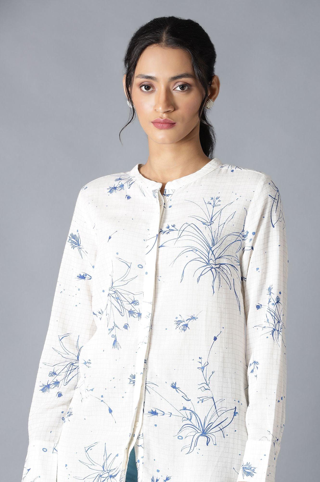 Ecru And Blue Floral Print Shirt - wforwoman