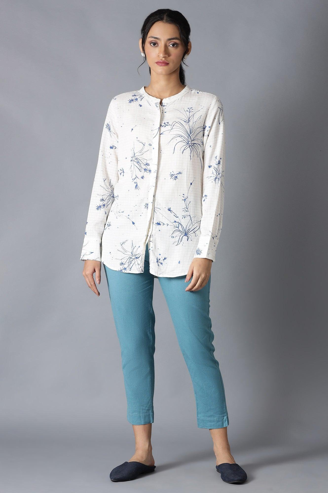 Ecru And Blue Floral Print Shirt - wforwoman