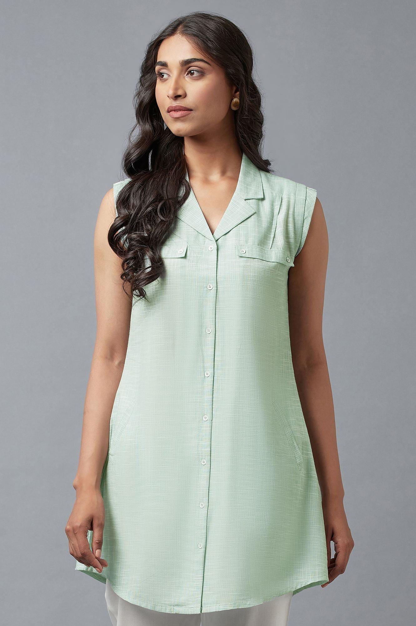 Light Green And Ecru Stripe Print Cotton Sleeveless Tunic - wforwoman