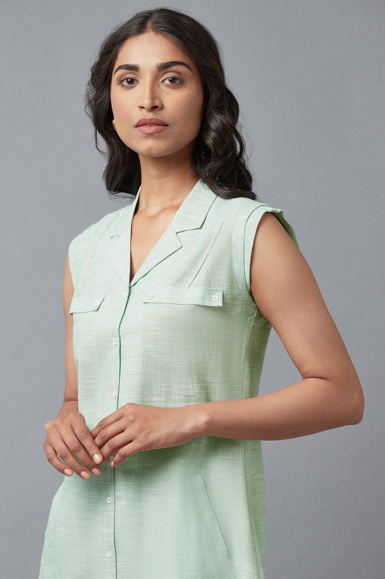 Light Green And Ecru Stripe Print Cotton Sleeveless Tunic - wforwoman