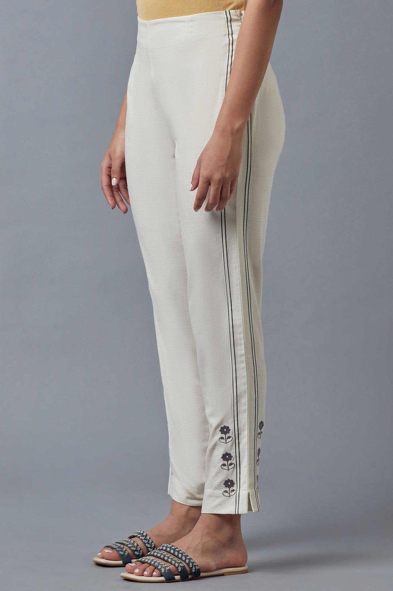 Ecru Embroidered Slim Pants - wforwoman