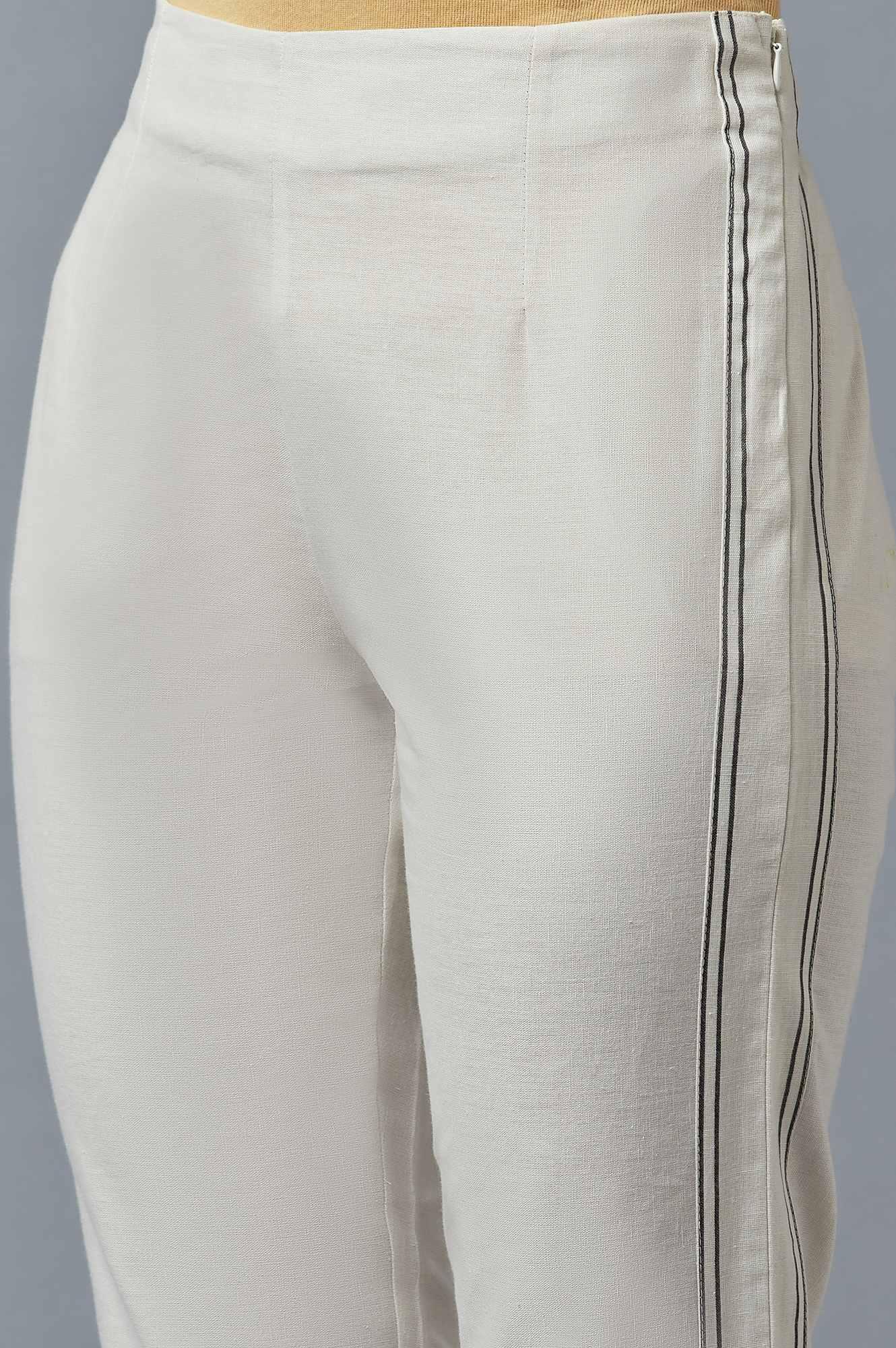 Ecru Embroidered Slim Pants - wforwoman