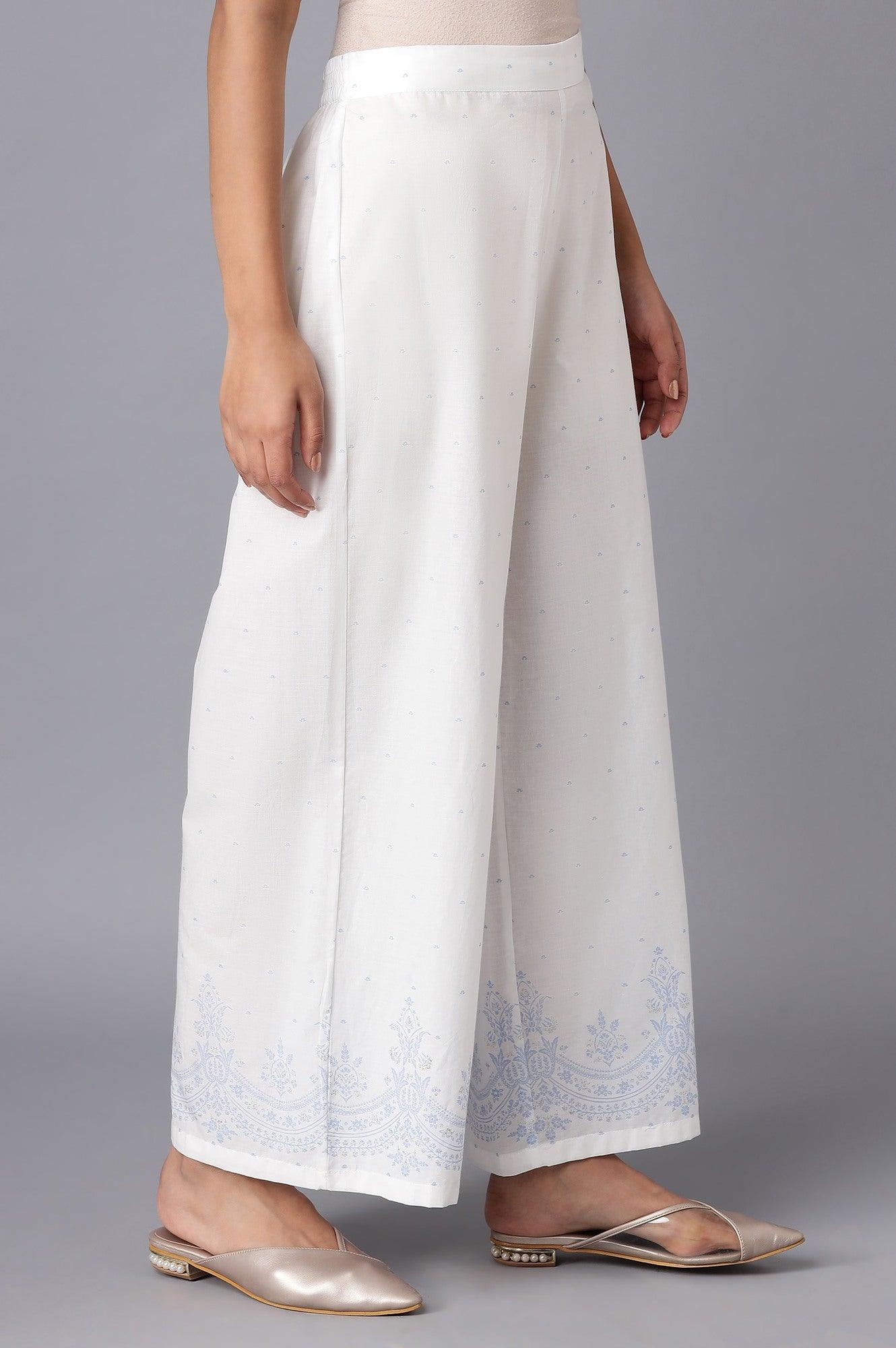 Ecru Parallel Pants with Blue Prints - wforwoman