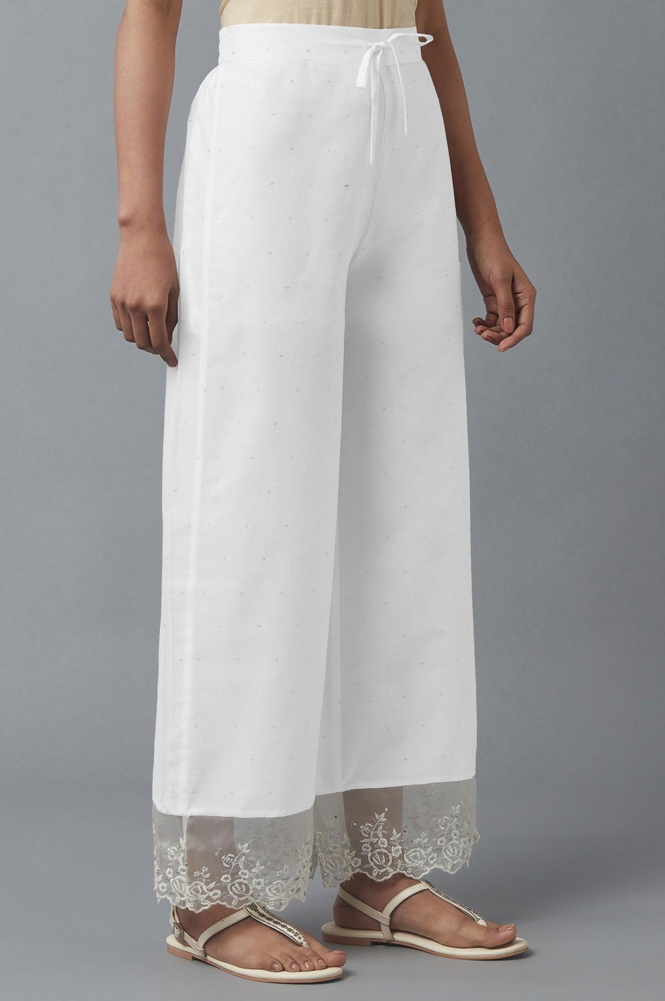 Ecru Parallel Pants with Embroidered Organza Panel - wforwoman