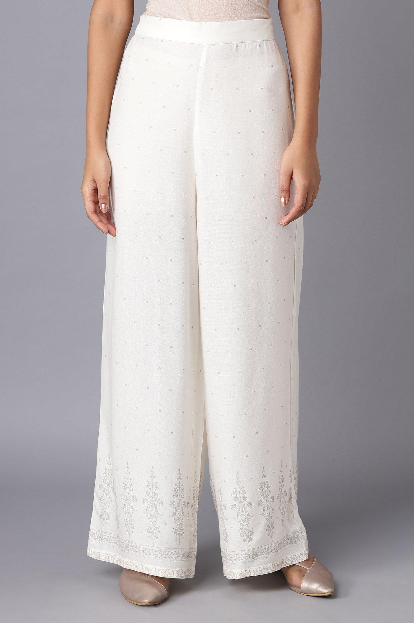 Ecru Parallel Pants with Grey Prints - wforwoman