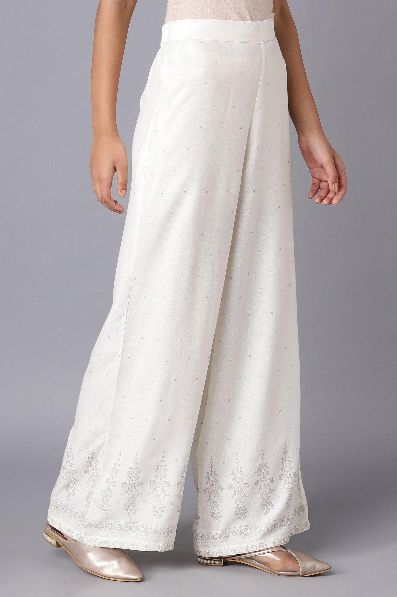 Ecru Parallel Pants with Grey Prints - wforwoman