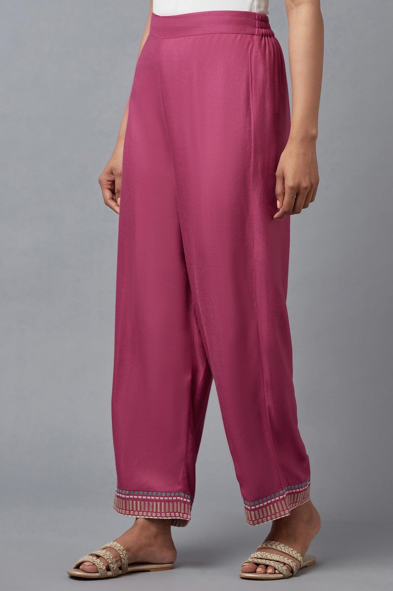 Pink Solid Slim Pants With Embroidery - wforwoman