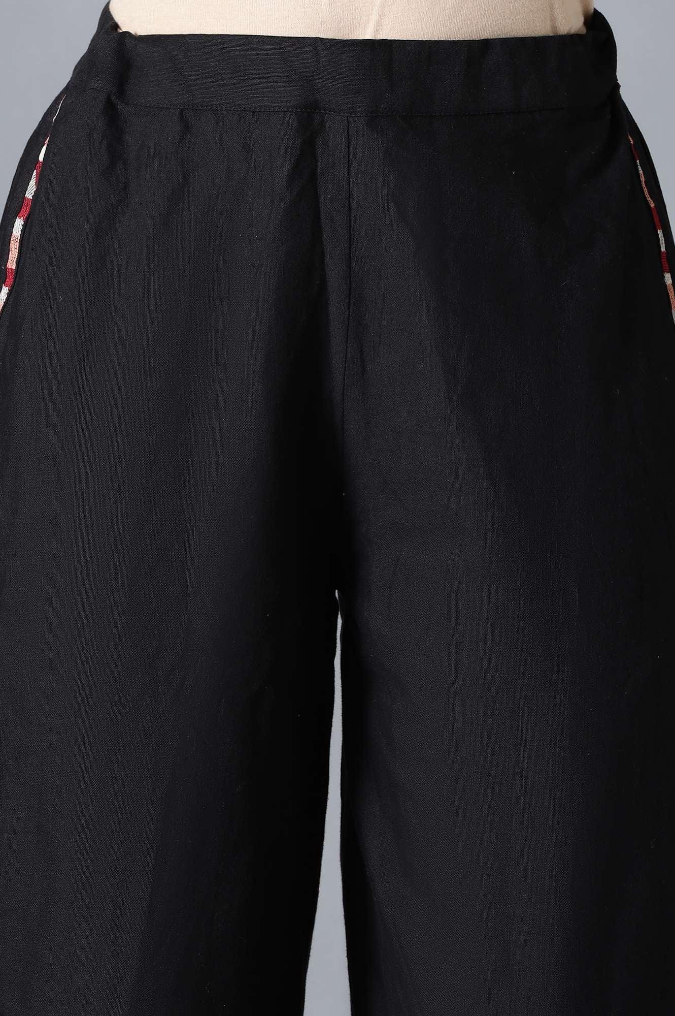 Black Solid Parallel Pants with Embroidery - wforwoman