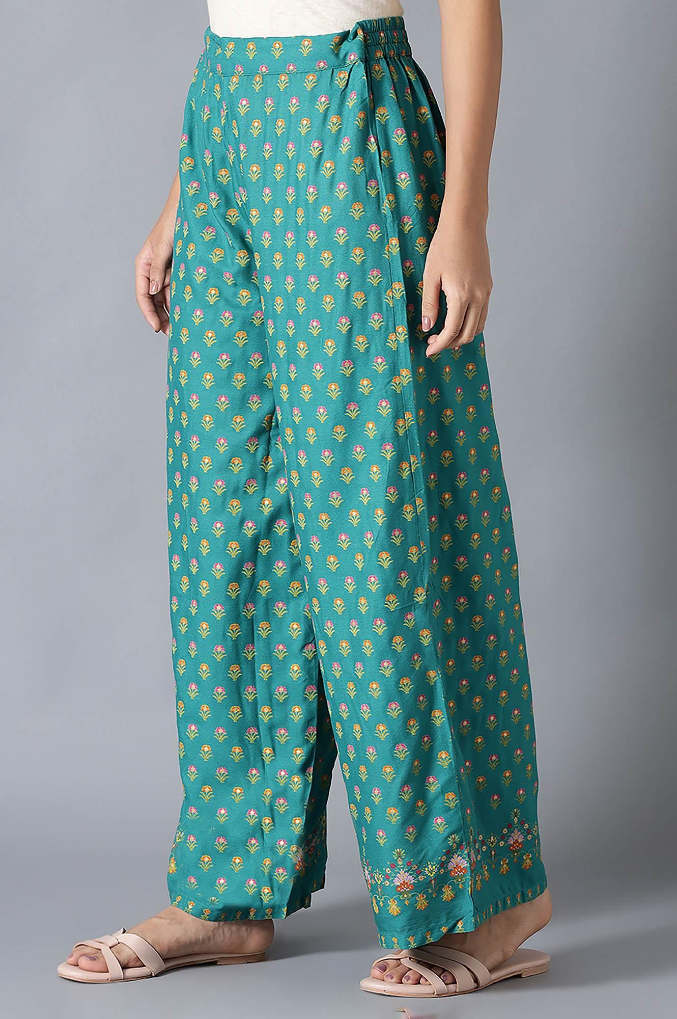 Dark Green Floral Printed Parallel Pants - wforwoman