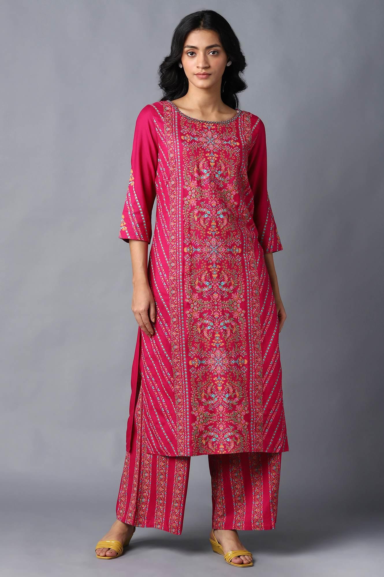 Dark Pink Floral Printed Parallel Pants - wforwoman