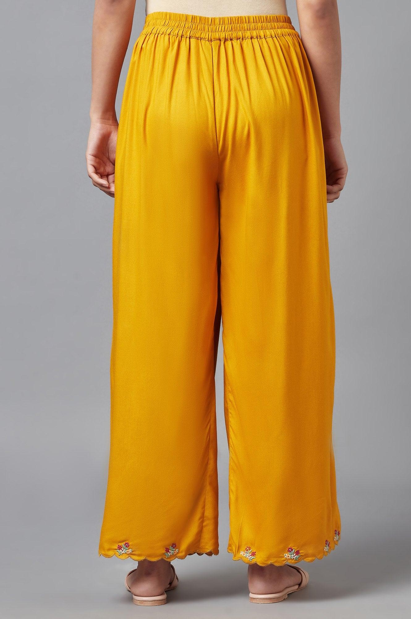 Deep Yellow Embroidered Parallel Pants - wforwoman