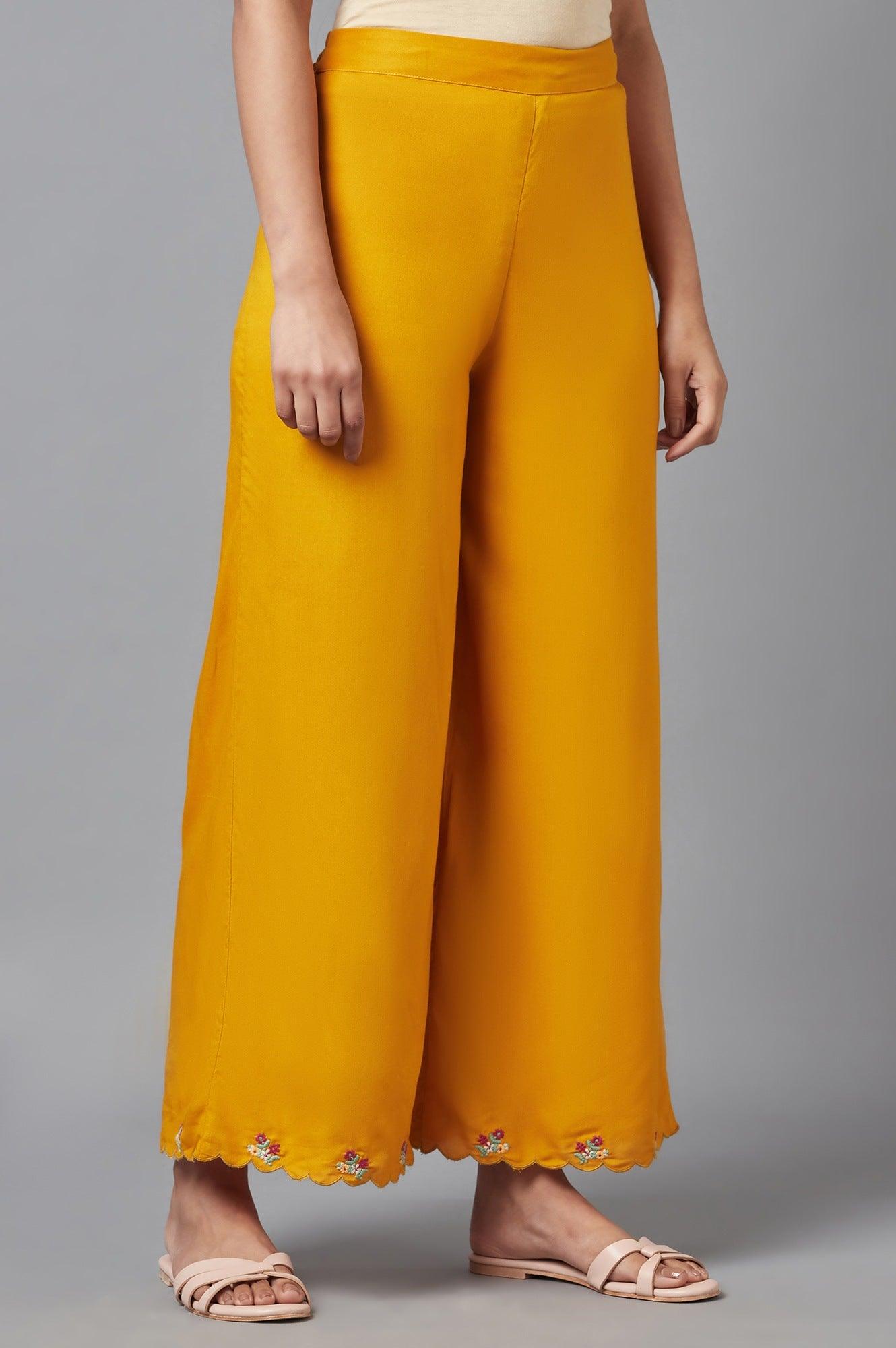 Deep Yellow Embroidered Parallel Pants - wforwoman