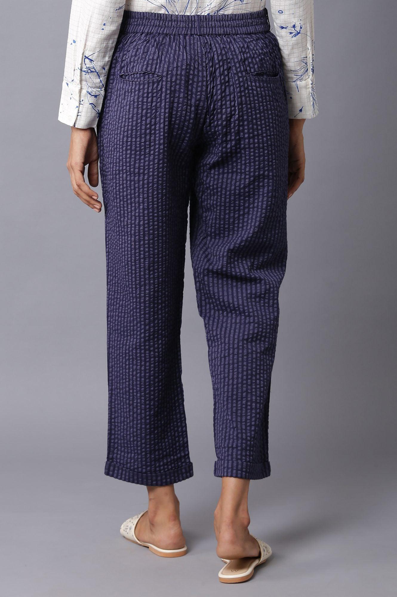 Dark Blue Stripe Print Seer Sucker Slim Pants - wforwoman