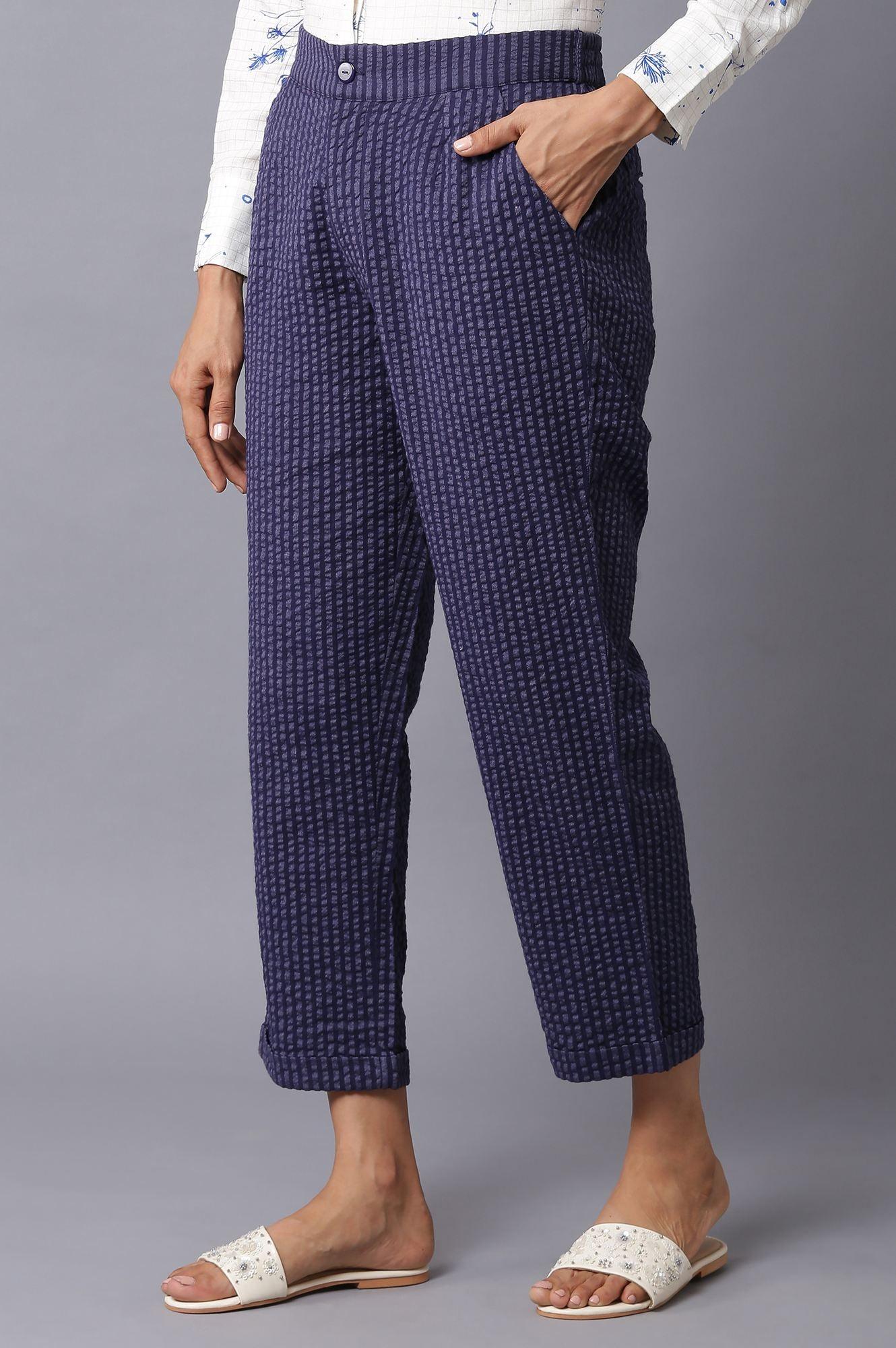 Dark Blue Stripe Print Seer Sucker Slim Pants - wforwoman