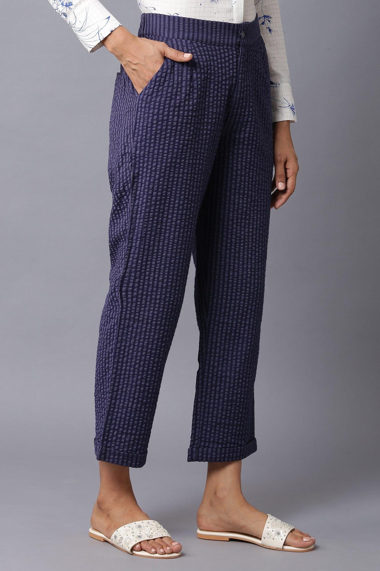Dark Blue Stripe Print Seer Sucker Slim Pants - wforwoman