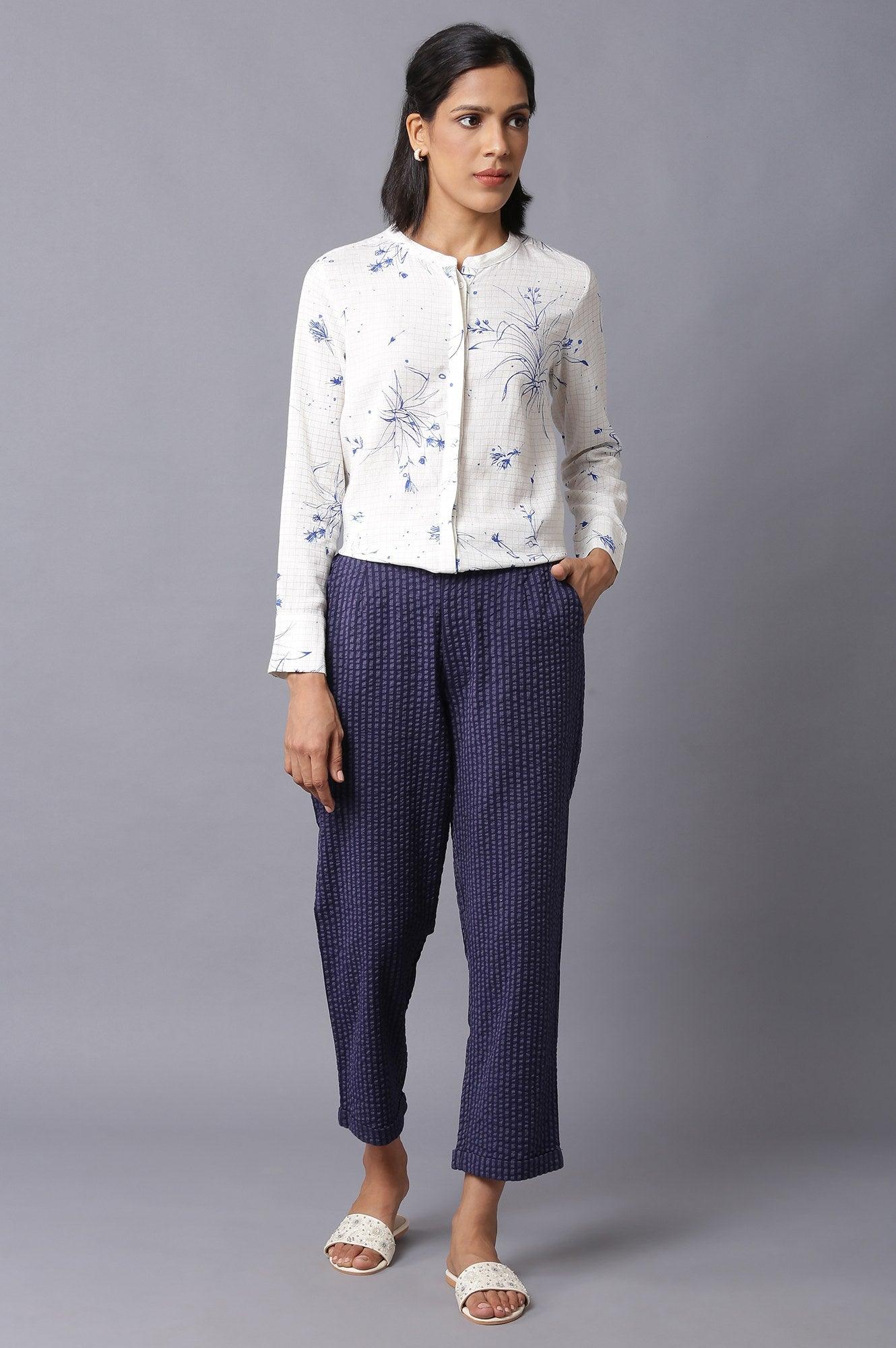 Dark Blue Stripe Print Seer Sucker Slim Pants - wforwoman