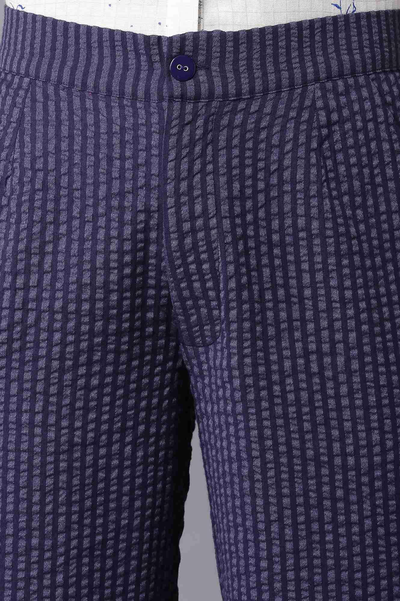 Dark Blue Stripe Print Seer Sucker Slim Pants - wforwoman