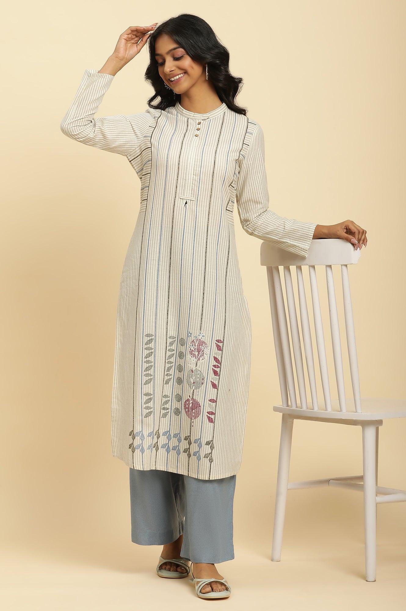 Buy Ecru Printed Kurta With Blue Denim Parallel Pants Online for Woman