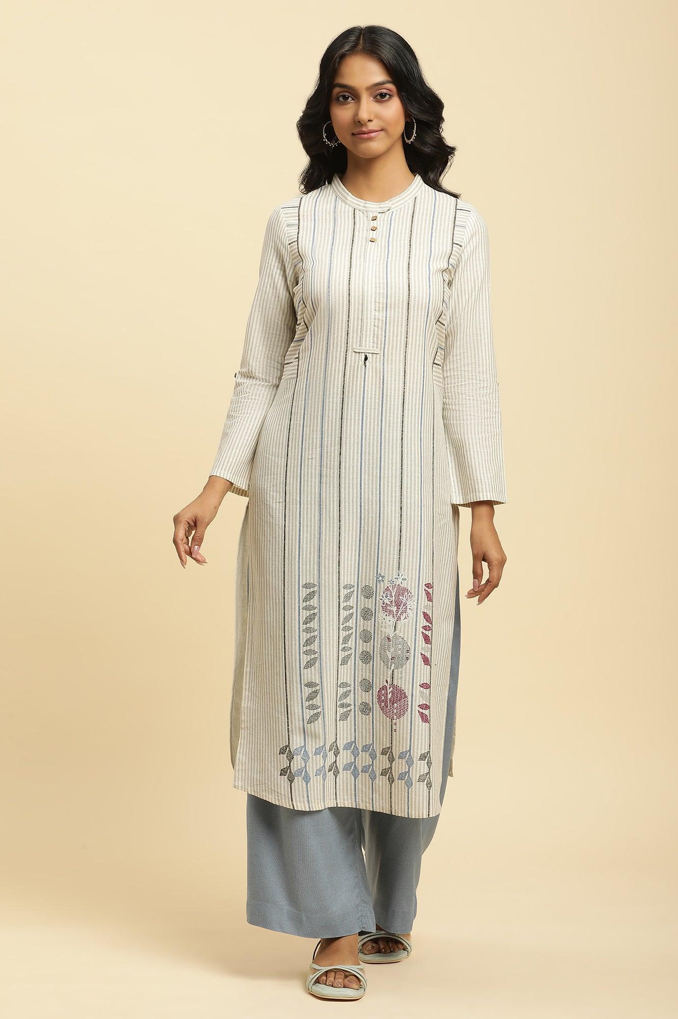 Ecru Printed Kurta With Blue Denim Parallel Pants - wforwoman