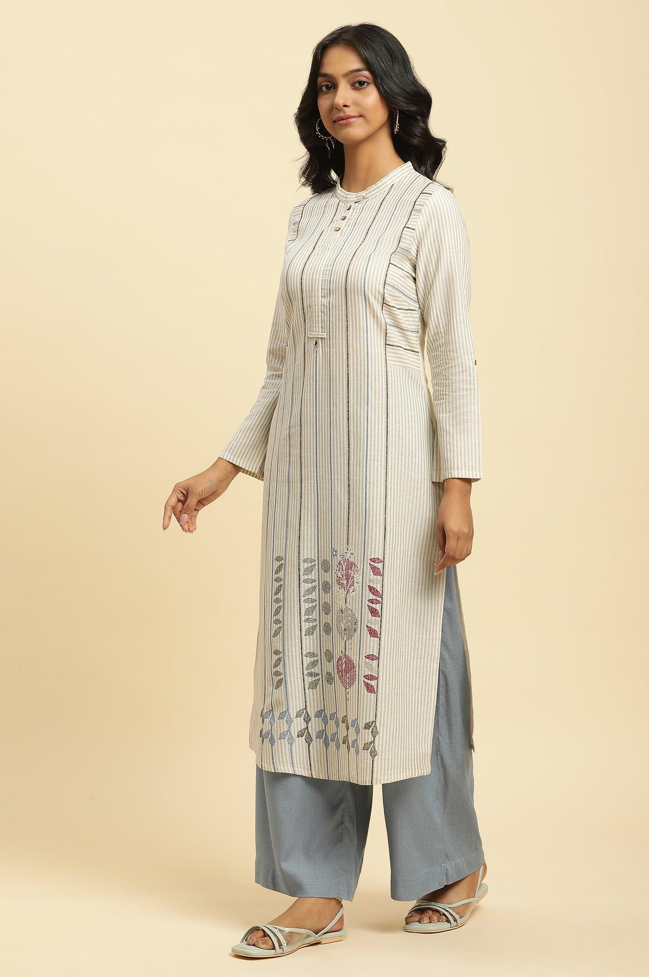Ecru Printed Kurta With Blue Denim Parallel Pants - wforwoman